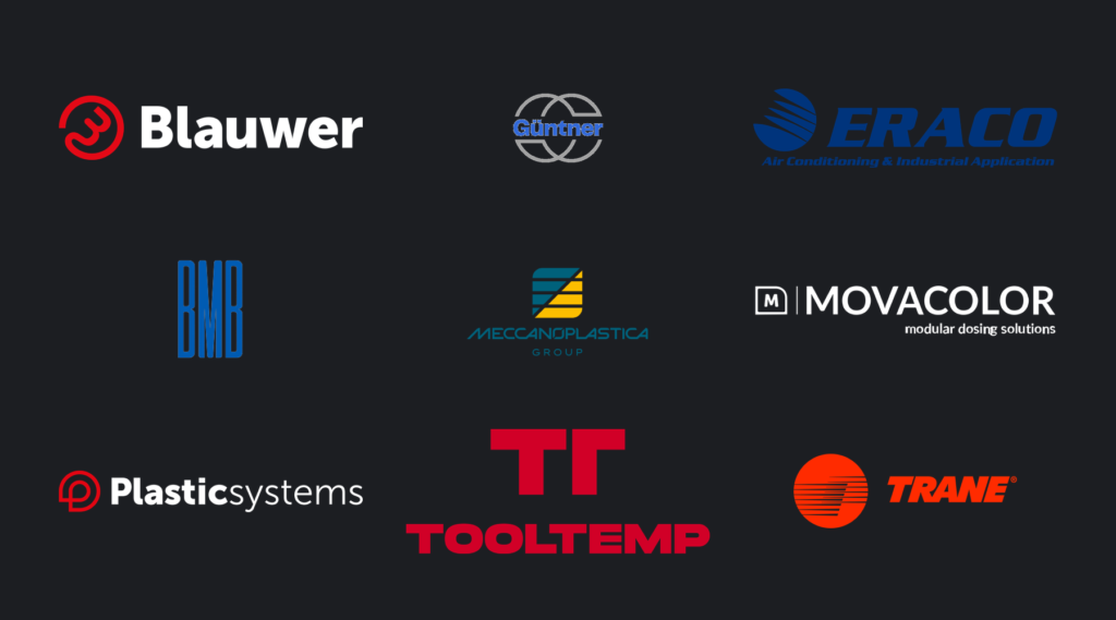 Logotypy partnerów technologicznych MUEHSAM GROUP: Tool-Temp, Plastic Systems, Movacolor, Blauwer, Güntner, Eraco, BMB, Meccanoplastica.